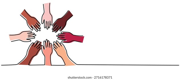  verschiedene Hautfarbe Rassen Einheit speichern Hände zusammen isoliert Vektorgrafik Clipart Symbol Zeichen, Eine durchgehende Linie Kunst Zeichnung für Poster, Banner Hintergrund, Doodle einzelne Umriss Copyspace em