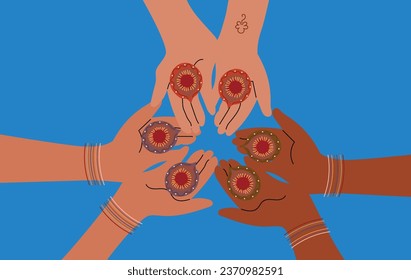Unterschiedliche hautfarbene Hände. Indisches Festival Happy Diwali mit Diwali Requisiten, Urlaubshintergrund, Diwali Feierlichkeiten Grußkarte, Vektorgrafik Design.