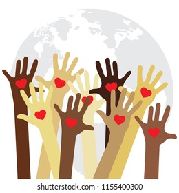 different skin colors hands with hearts and globe. people for planet earth 