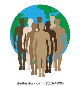 Different Skin Colors, Human Figures,Standing Front Of Planet Earth