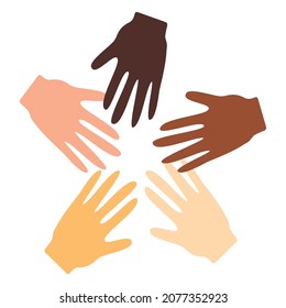 Unterschiedliche Haut färbt menschliche Hände. Menschenhand, Handgelenke, Finger. Kein Rassismus. Wir sind gleichberechtigtes Konzept. Flaches Sozialkarte, Poster, Mode.