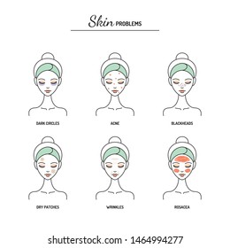 Different skin problems, dark circles, acne, blackheads, dryness, wrinkles, rosacea. Line vector illustration, design template.