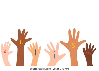 Manos con diferentes tonos de piel con autismo escrito en ellas. Día Mundial de Concientización sobre el Autismo. Fondo, banner, tarjeta, cartel con texto	