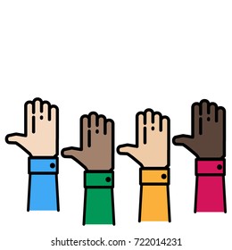 Different skin tones of hands raised up in the air. People vote hands. Volunteering and election concept. Flat vector illustration in black thin line style. 