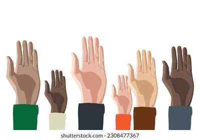 Different skin tones hands rising up, isolated on white background