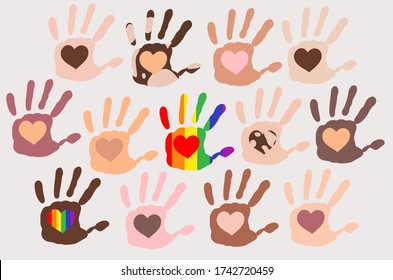 Different skin types colour hand prints with hearts inside each palm on light background, people Diversity, rainbow symbol, vitiligo