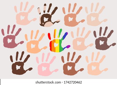 Different skin types colour hand prints on light background, people Diversity, rainbow in the middle