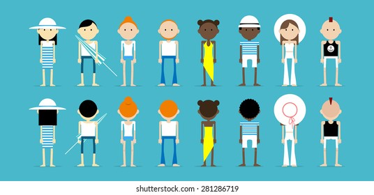 Different skin types of people standing on the blue background, wearing summer outfits. Group of Caucasian, Asian and Afro american people viewed from the front and back.