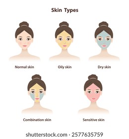 Different skin types vector set isolated on white background. The cute women with basic types of skin, normal, oily, dry, combination and sensitive skin. Skin care and beauty concept illustration.