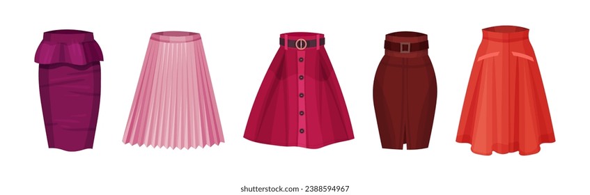 Different Skirts as Trendy Woman Clothes Vector Set