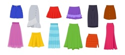 Different Skirts For Women Vector Illustrations Set. Collection Of Cartoon Drawings Of Woman Clothes, Long And Mini Skirts Of Different Colors Isolated On White Background. Clothes, Fashion Concept