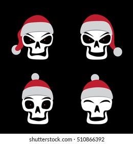 Different skull emotion in Santa red hat on black background. Christmas holiday celebration