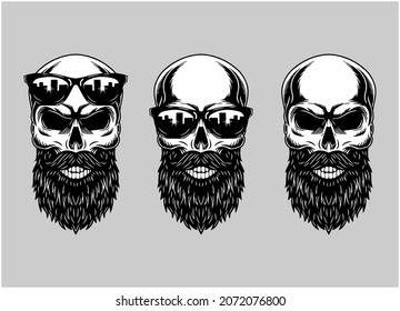 Different skull sets with different attributes. Monochrome style. Isolated on a white background. skull glasses
