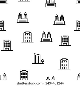 Different Skyscraper Set Seamless Pattern Vector. High House, Office Corporation Skyscraper And Business Center Monochrome Texture Icons. Exterior Commercial Construction Template Flat Illustration