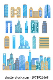 Different skyscrapers vector illustrations set. Collection of high-rise buildings of different shapes, facades of commercial complexes isolated on white background. Big city, architecture concept