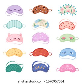 Different sleep masks vector set. Sleeping night eye accessory blindfold relax in traveling illustration. Nighty set of face sleepy protection cartoon asleep isolated on white background.