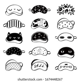 Different sleep masks vector set. Sleeping night eye accessory blindfold relax in traveling illustration. Nighty set of face sleepy protection doodle asleep isolated black on white background