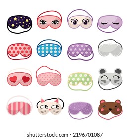 Diferentes diseños de máscaras durmientes se establecen ilustraciones vectoriales. Dibujos de dibujos animados de máscaras oculares para dormir o dormir la siesta con corazones, rostros de gato o oso sobre fondo blanco. Dormido, noche, concepto de ropa de noche