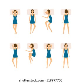 Different Sleeping Poses Set. Top View Woman. Flat Design Style. Vector illustration