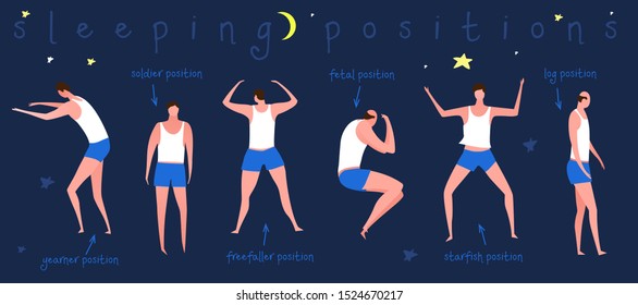 Different sleeping positions. Good night concept. Modern icons in a flat style. Editable vector illustration in bright colors isolated on blue background. Pictograms collection. Medical poster