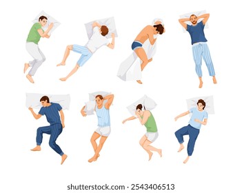 Different sleeping positions of men. Vector illustration