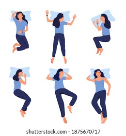 Different sleeping positions.Young woman with fitness tracker on her wrist.Device control quality of slumber during night.Electronic smart watch app.Healthcare and melatonin.Flat style.Blue color