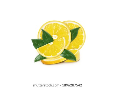different slices of lemon with lemon leaves on a white background. vector illustration