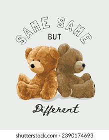 different slogan with bear dolls sitting back to back vector illustration