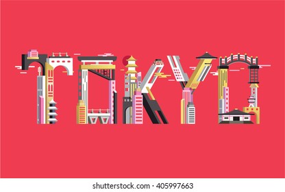 Different small buildings assemble to "TOKYO" word