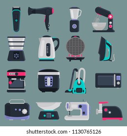 Different small home appliences flat icons set on color background