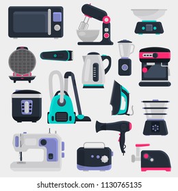 Different small home appliences flat icons set on gray background