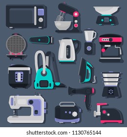 Different small home appliences flat icons with shadow set on dark background