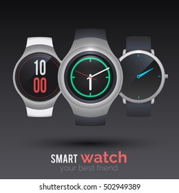 Different smart watch isolated on black background.Vector illustration.