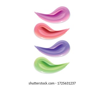 Different smears of lipstick, foundation or cream in different colours on white background. Beauty and cosmetics elements for flyer, banner, leaflet, web-site.