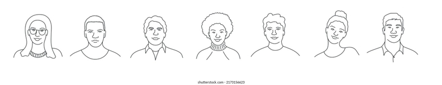 Diferentes sonrientes avatares. Ilustración vectorial dibujada a mano. Blanco y negro.