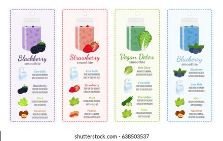 Different smoothie recipes, labels - berries, detox, milk, healthy drinks. Mint, cucumber, bok choy, strawberry, blackberry, blueberry, peanut, hazelnut in recipes. Made in cartoon flat style.