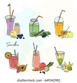 Different smoothie set. Collection of various summer drinks with fruits, berries, vegetables.  Colorful beverage in glassful, cups, banks with straw. Hand drawn vector illustration.