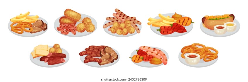 Different Snack and Crispy Appetizer on Plate Vector Set