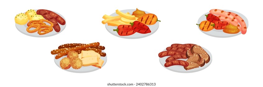 Different Snack and Crispy Appetizer on Plate Vector Set