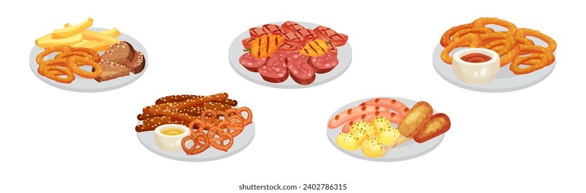 Different Snack and Crispy Appetizer on Plate Vector Set