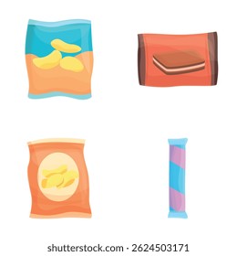 Different snack icons set cartoon vector. Tasty packaged snack. Unhealthy junk food