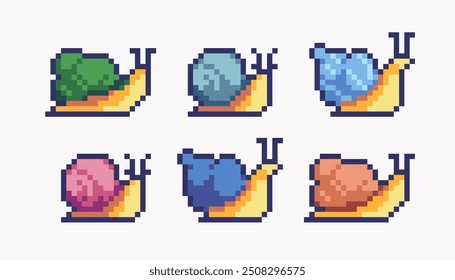 Different snails pixel art set. Colorful shells, slug collection. 8 bit. Game development, mobile app. Isolated vector illustration. 