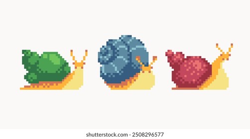 Different snails pixel art set. Colorful shells, slug collection. 8 bit. Game development, mobile app. Isolated vector illustration. 