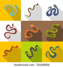 Different snake icons set. Flat set of 9 different snake vector icons for web with long shadow