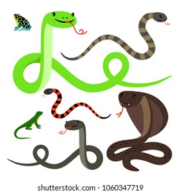 Different snakes and lizard cartoon icons set on white background. Reptiles vector illustration