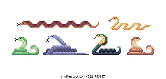 Different snakes pixel art set. Cobra, boa, viper in various poses collection. Jungle, tropical serpent. 8 bit. Game development, mobile app.  Isolated vector illustration.