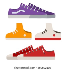 Different sneakers and gumshoes icons in flat design. Casual shoes and boots vector illustration.