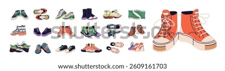 Different sneakers set. Pairs of various male and female trainers. Stylish unisex boots for walking, running. Sports shoes, fashion footwear, cool footgear. Flat isolated vector illustrations on white