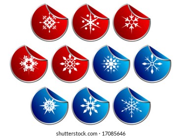 Different snow crystals stickers over white background