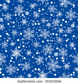 different snowflake and ball snow on light blue background, seamless pattern, vector illustration